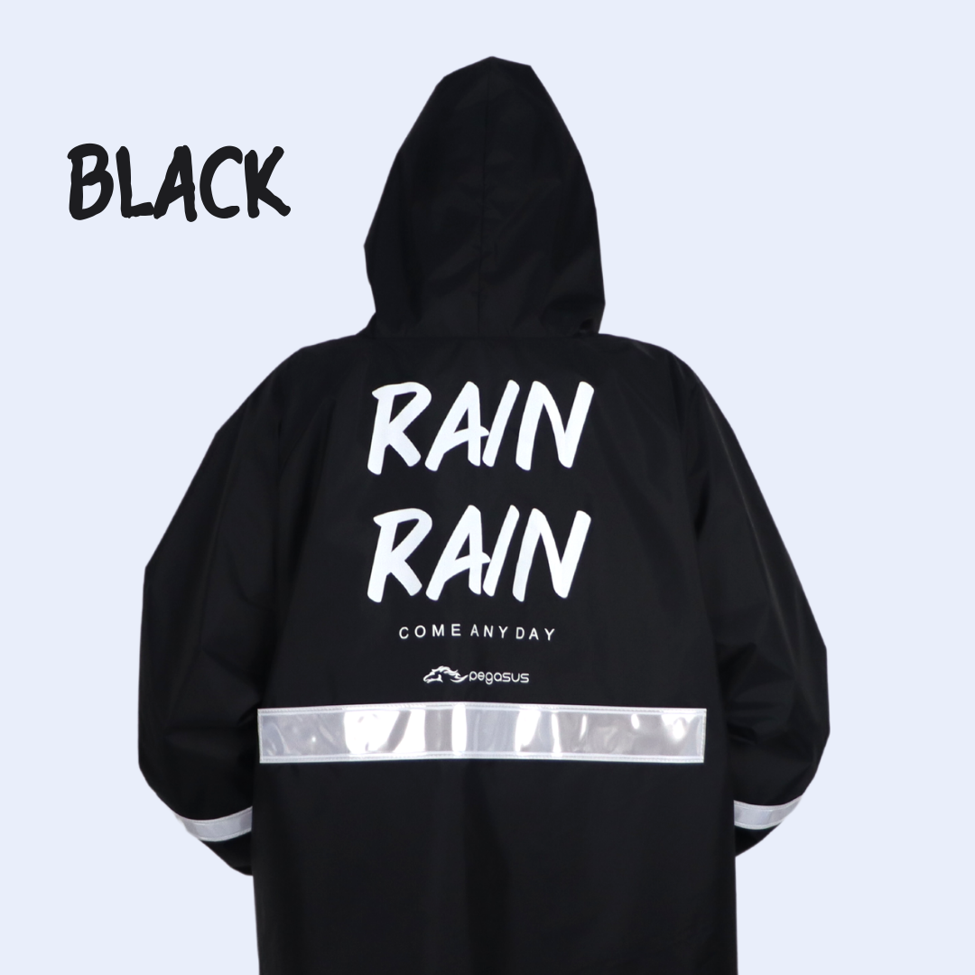 เสื้อกันฝนสีดำ พร้อมแถบสะท้อนแสง สกรีน Rain Rain come any day