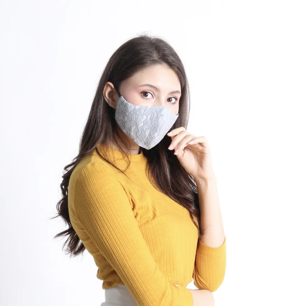 แมสผ้า ลายลูกไม้ สีเทา