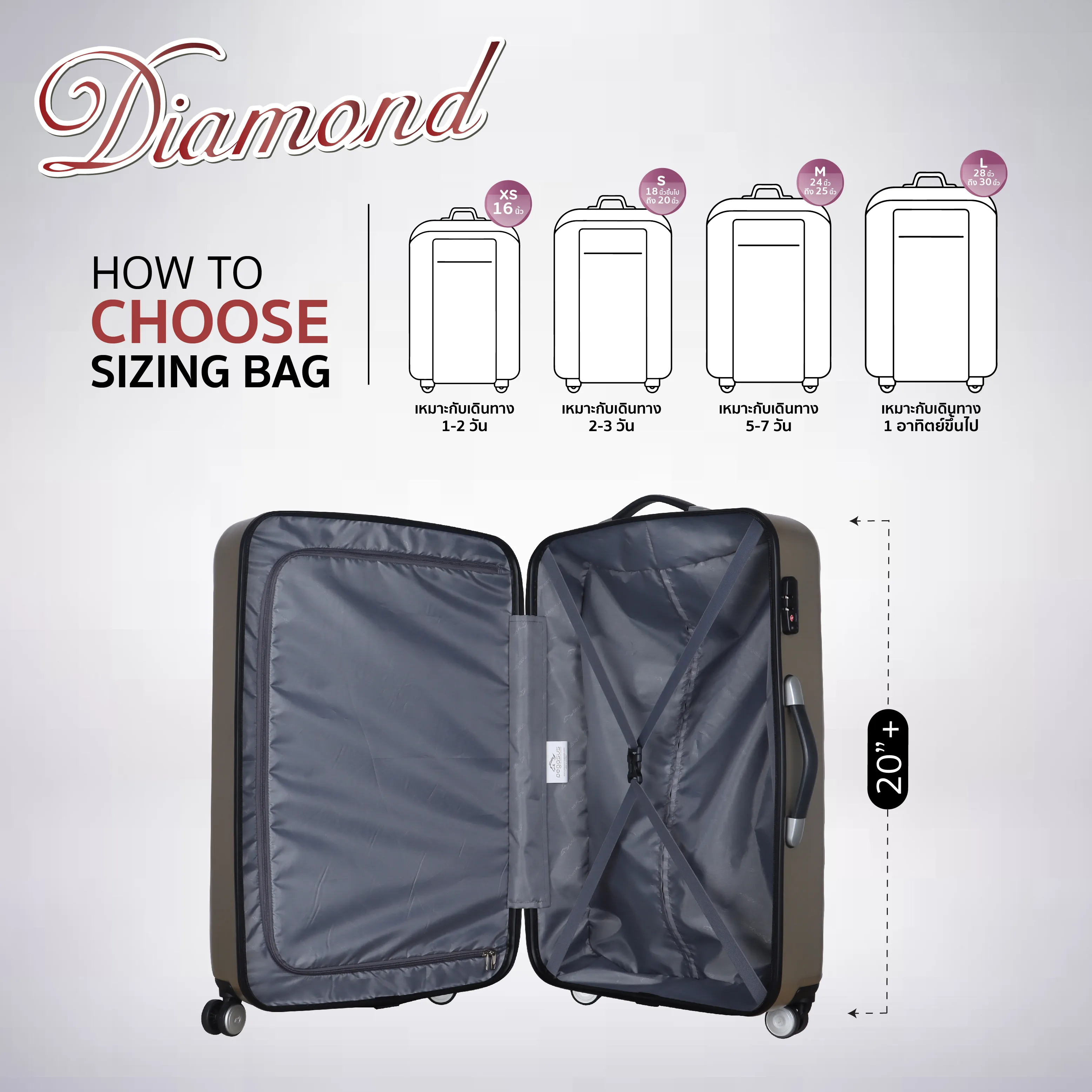 กระเป๋าเดินทางล้อลาก ขนาด 24 นิ้ว รุ่น Diamond สีแดง รุ่นใหม่ล่าสุด